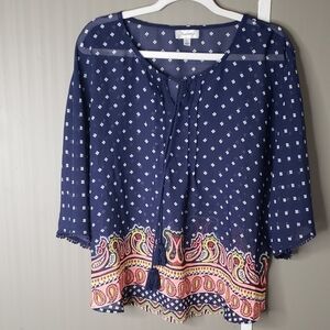 Olsenboye Navy Blouse with Paisley Hem